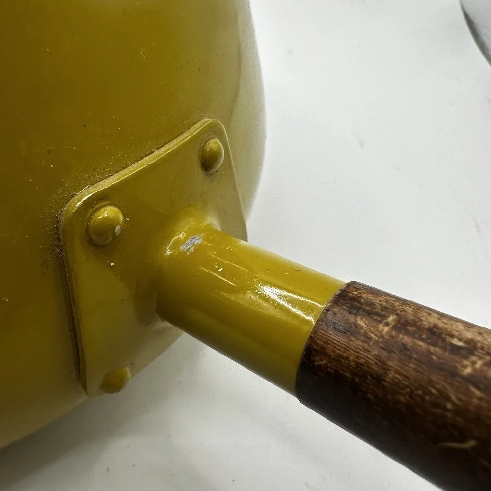 Vintage Enameled Metal Walnut Wood Handle Yellow Green Fondue Pot MCM